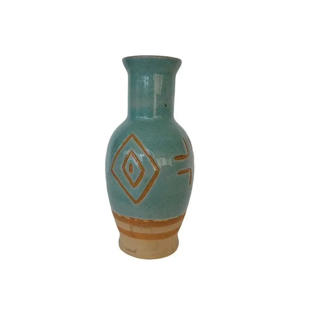 Handmade Pottery Vase Southwestern Teal Terracotta Native Style Small Decorative